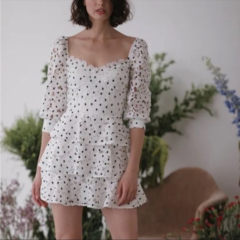 NWT Sau Lee Black White Polka Dot Mini Lace Dress 2 XS